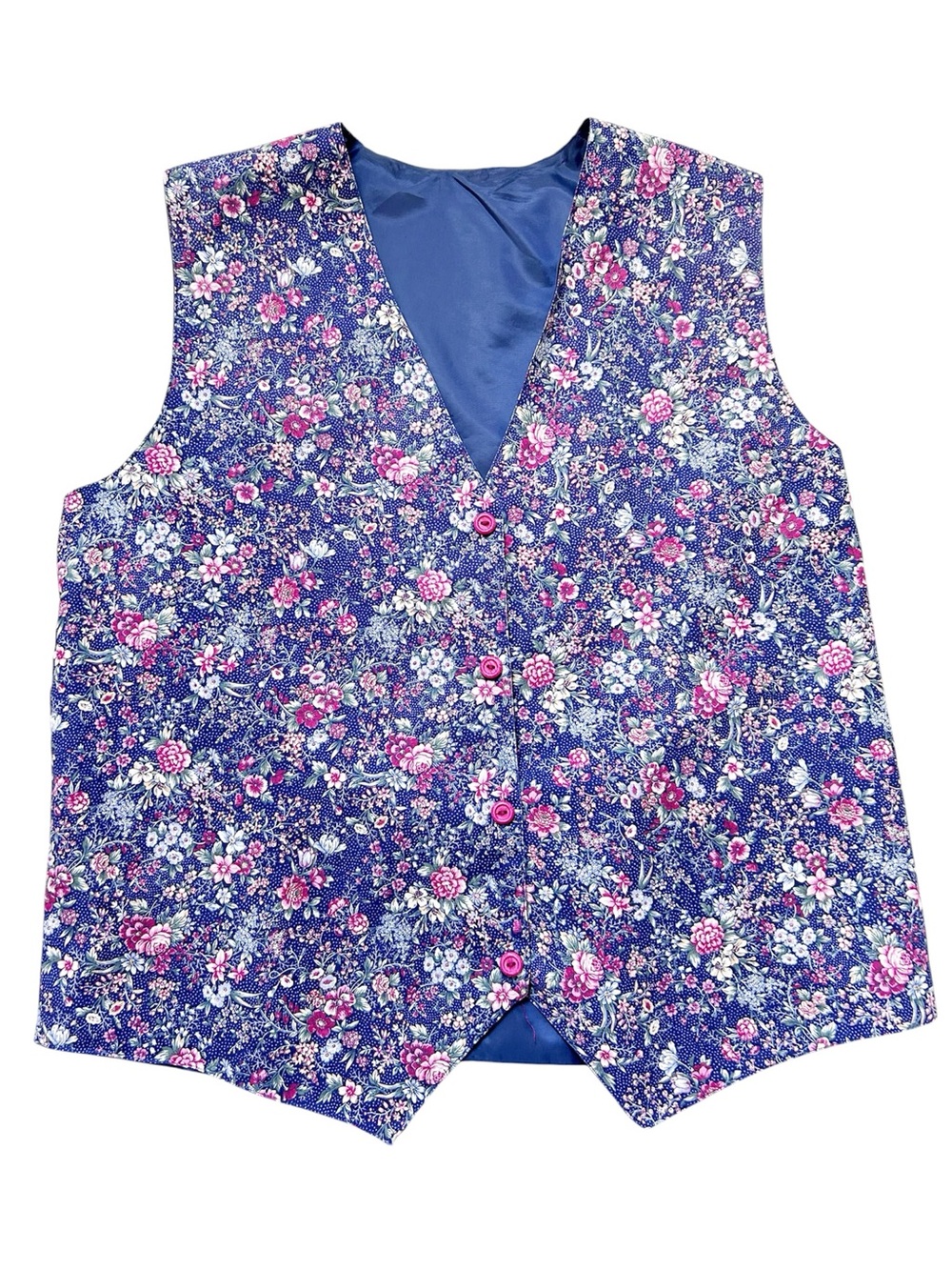 Vintage Hand Crafted Blue Floral V-Neck Vest with Floral Accents X-Large